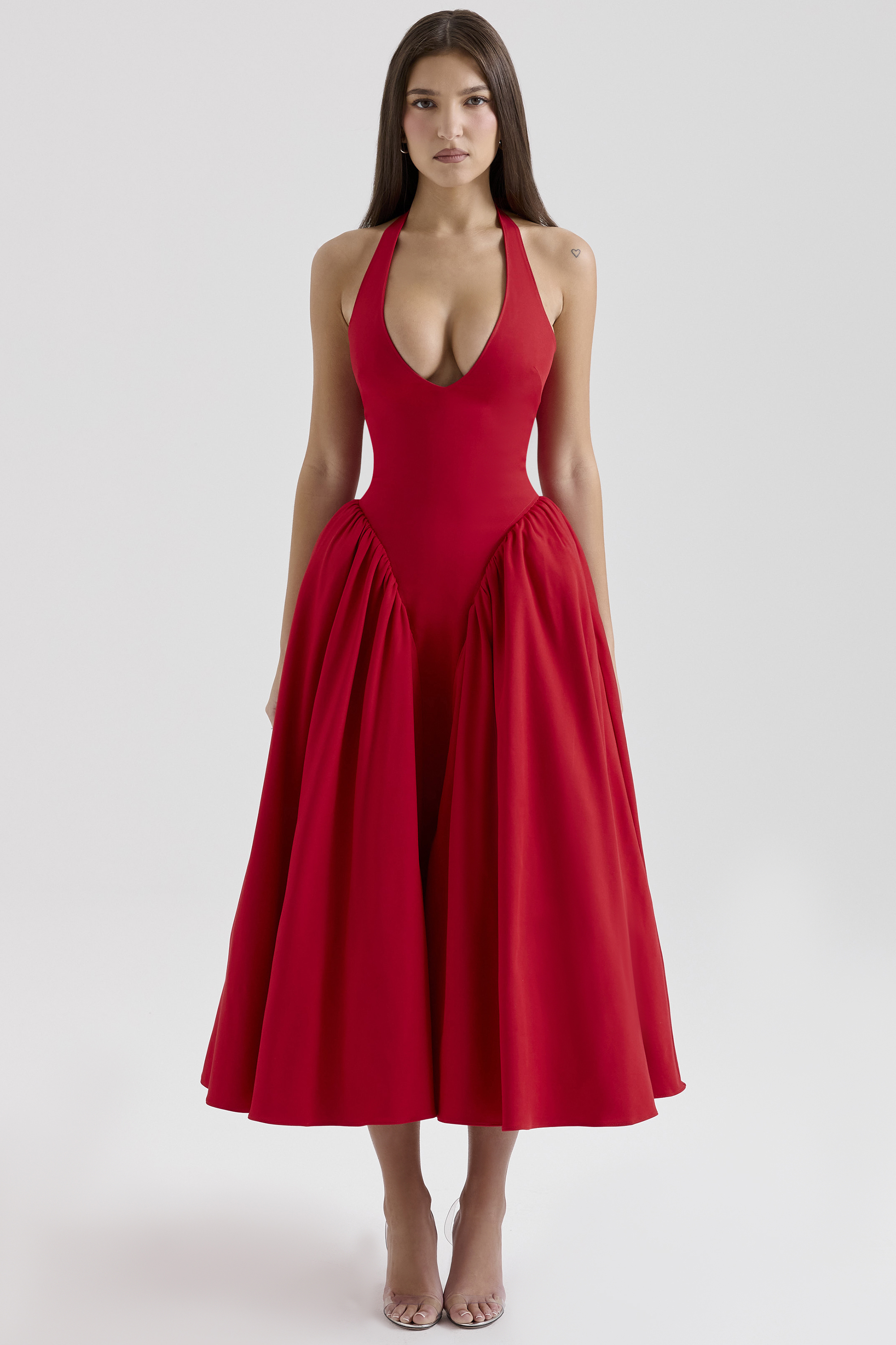 Marilyn Red Twill Halter Midi Dress