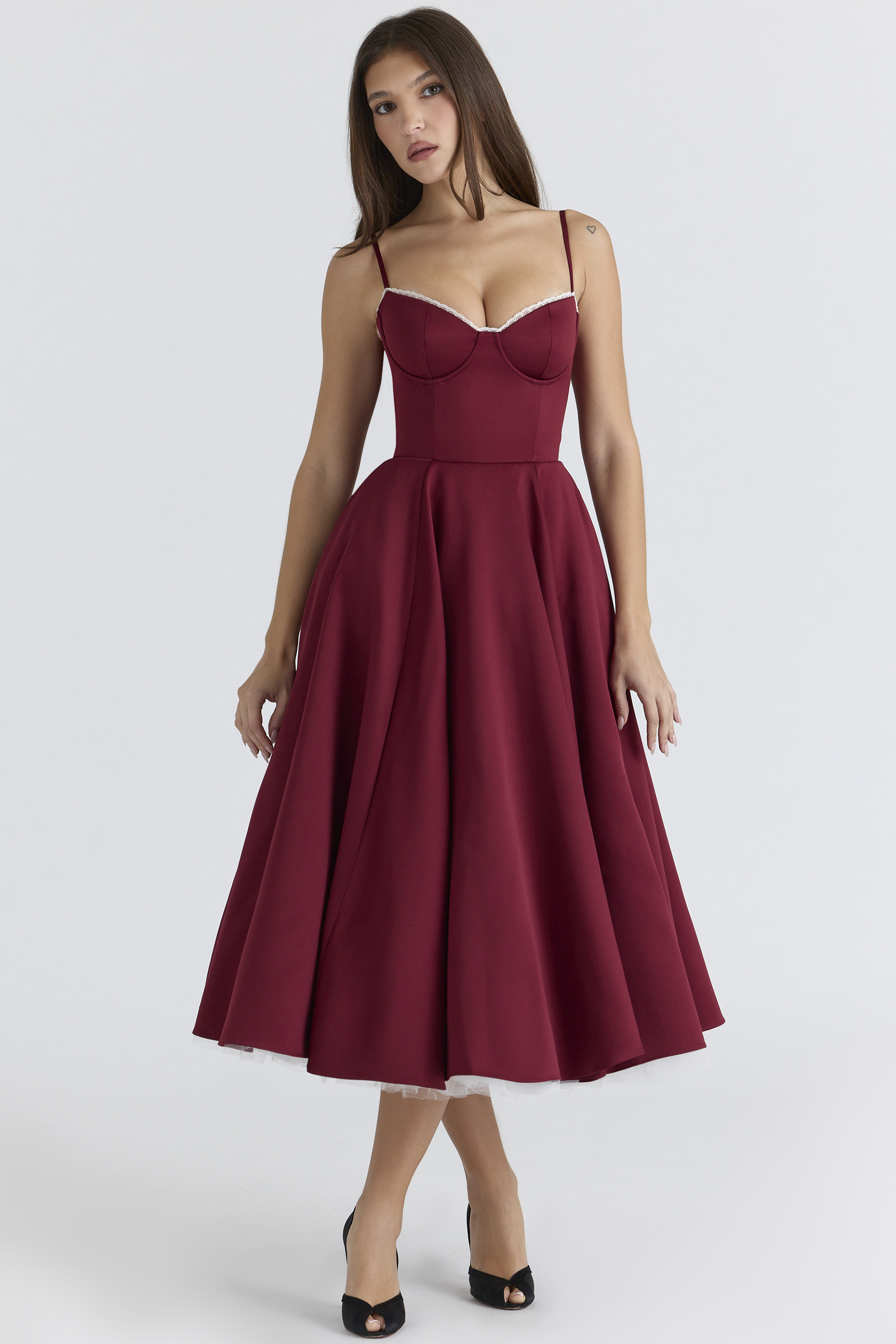 Mademoiselle Wine Satin Tulle Midi Dress