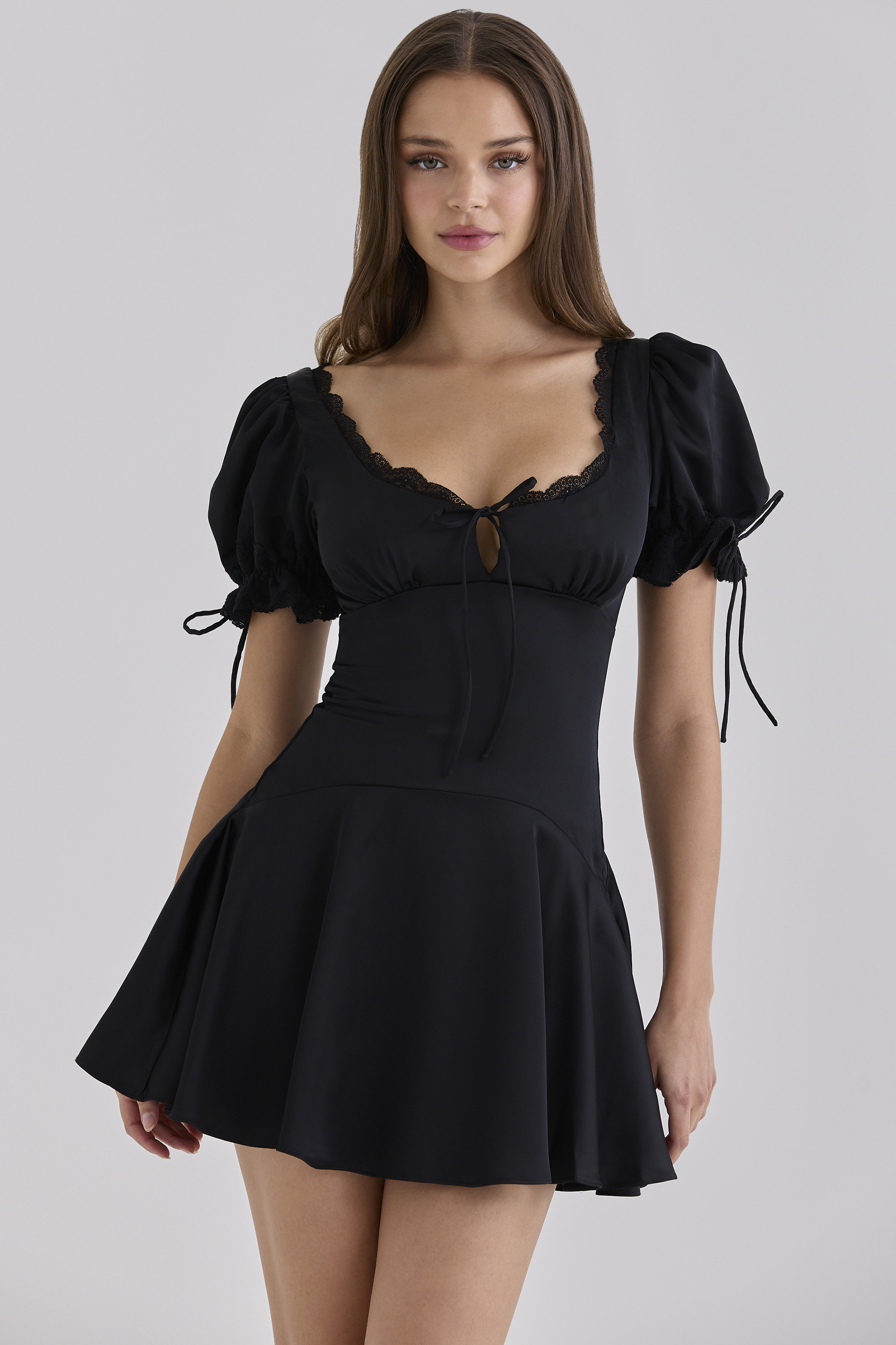 Elisabetta Black Satin Lace Trim Mini Dress